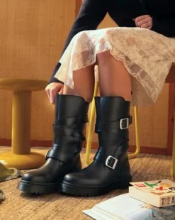Anistone Leren Biker Boots met Twee Riemen in Zwart
