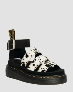 Clarissa Hair-On Leren Quad Sandalen met Riem in Crème & Zwart