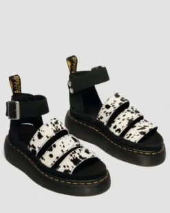 Clarissa Hair-On Leren Quad Sandalen met Riem in Crème & Zwart