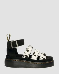 Clarissa Hair-On Leren Quad Sandalen met Riem in Crème & Zwart