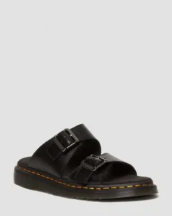 Josef Leren Gesp Slide Sandalen in Zwart