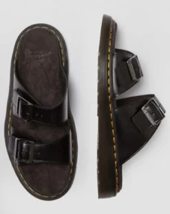 Josef Leren Gesp Slide Sandalen in Zwart