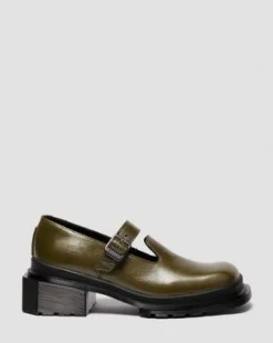 Maybole Leren Mary Jane Schoenen met Vierkante Neus in Olijfkleurig Groen