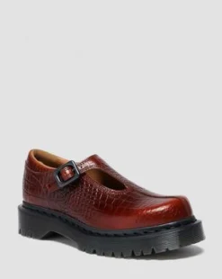 Rejena Mary Jane Leren Schoenen met Krokodilreliëf in Bruin