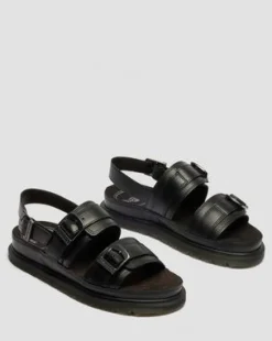 San Leren Sandalen Met Twee Riemen in Zwart