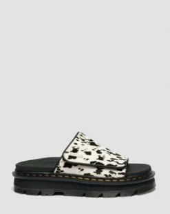 Zebzag Dalmatian Hair-On Leren Platform Slides in Crème & Zwart