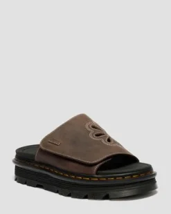 Zebzag Flower Crazy Horse Leren Slides in Donkerbruin